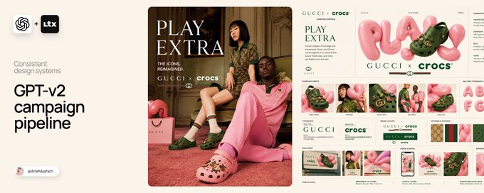 Frames from the Gucci x Crocs concept: studio fashion shots, inflated pink lettering and a contact sheet of layout variants