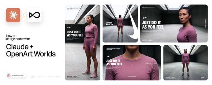 Five sportswear campaign mockups shot in a concrete interior, produced with Claude and OpenArt Worlds